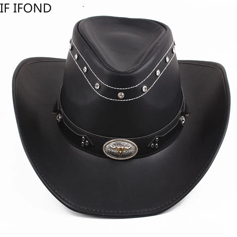 Classic 100% Leather Western Cowboy Hat For Men Gentleman Dad Godfather Caps Panama Cowgirl Jazz Hats Sombrero Hombre