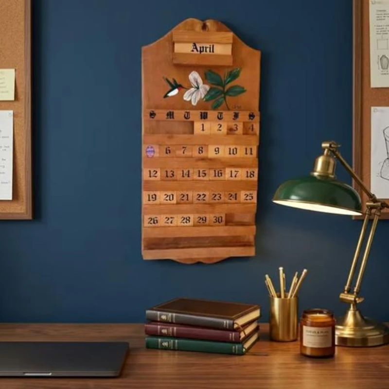 96BA Dauerhafter Wandkalender aus Holz mit anpassbaren Datums- und Monatsblöcken für den Schreibtisch – Detail 1