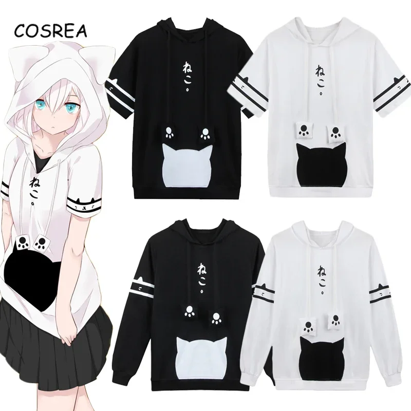 Anime Neko Atsume cosplay hoodies sweatshirts women 3D print Harajuku hooded pullover T-shirt girls kawaii short sleeve