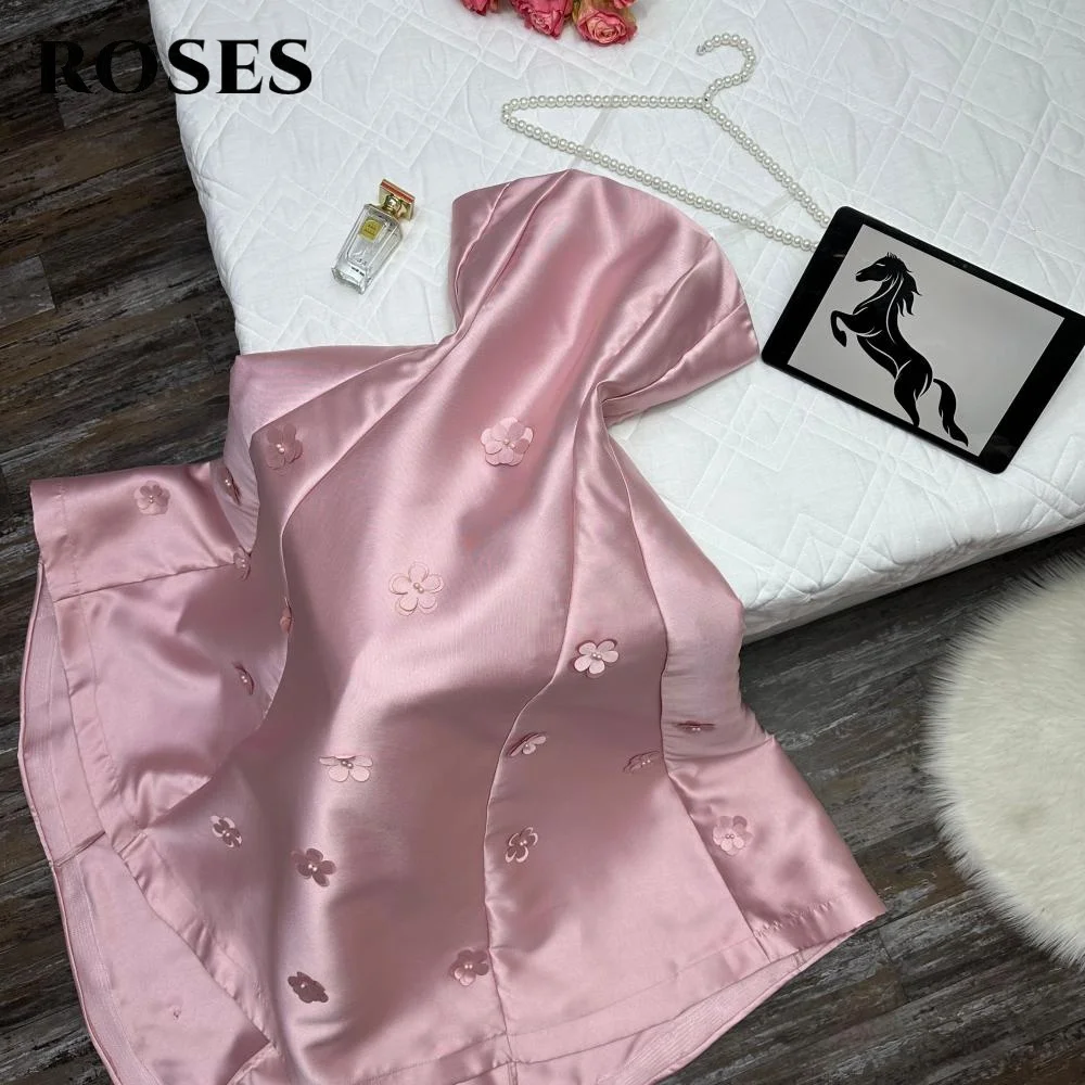 ROSES Roze Vlek Galajurk Strapless Elegante Celebrity Jurk met Applicaties 3D Bloem Plooien Dames Avondjurk Aangepast