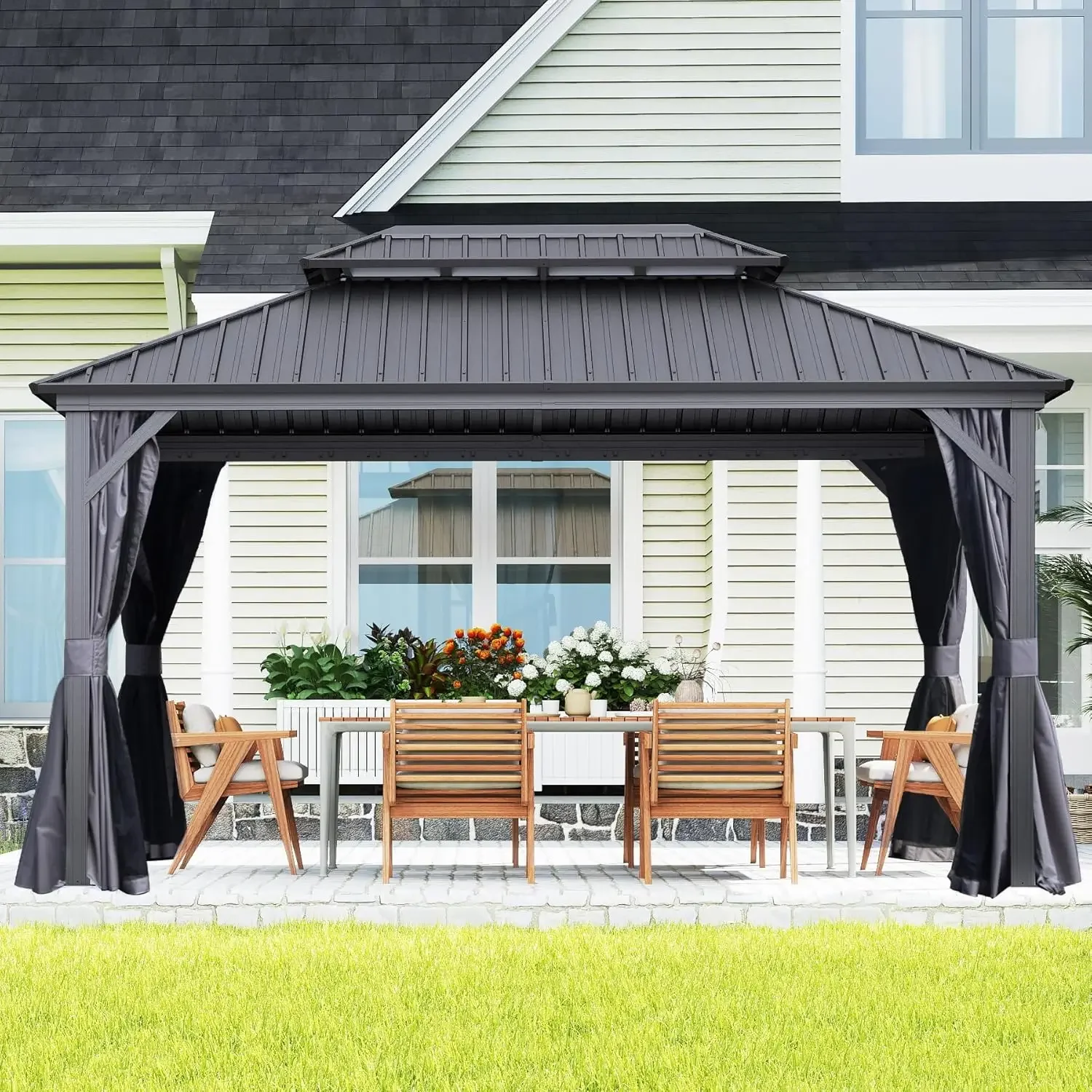 

10x14FT Outdoor Gazebo Hardtop Galvanized Steel Patio Deck Backyard Curtain & Netting Included, Custom