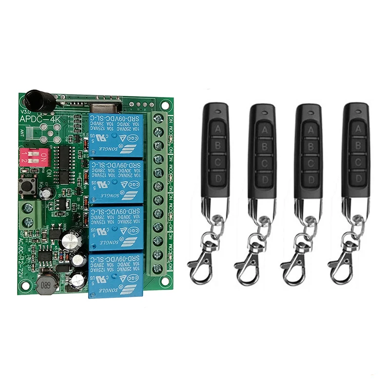 Smart Multiple DC 12V 24V 36V 72V 10A 433MHz 4CH 4 Channel Wireless Relay RF Remote Control Switch Receiver Thumbs Transmitter