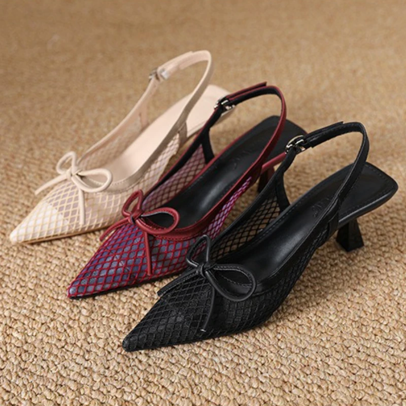 

Fashion Pointed Toe Mesh Mid Heel Pumps Women Sweet Bow Slingback Buckle Designer Shoes Elegant Banquet Dress Shoe Zapatos Mujer