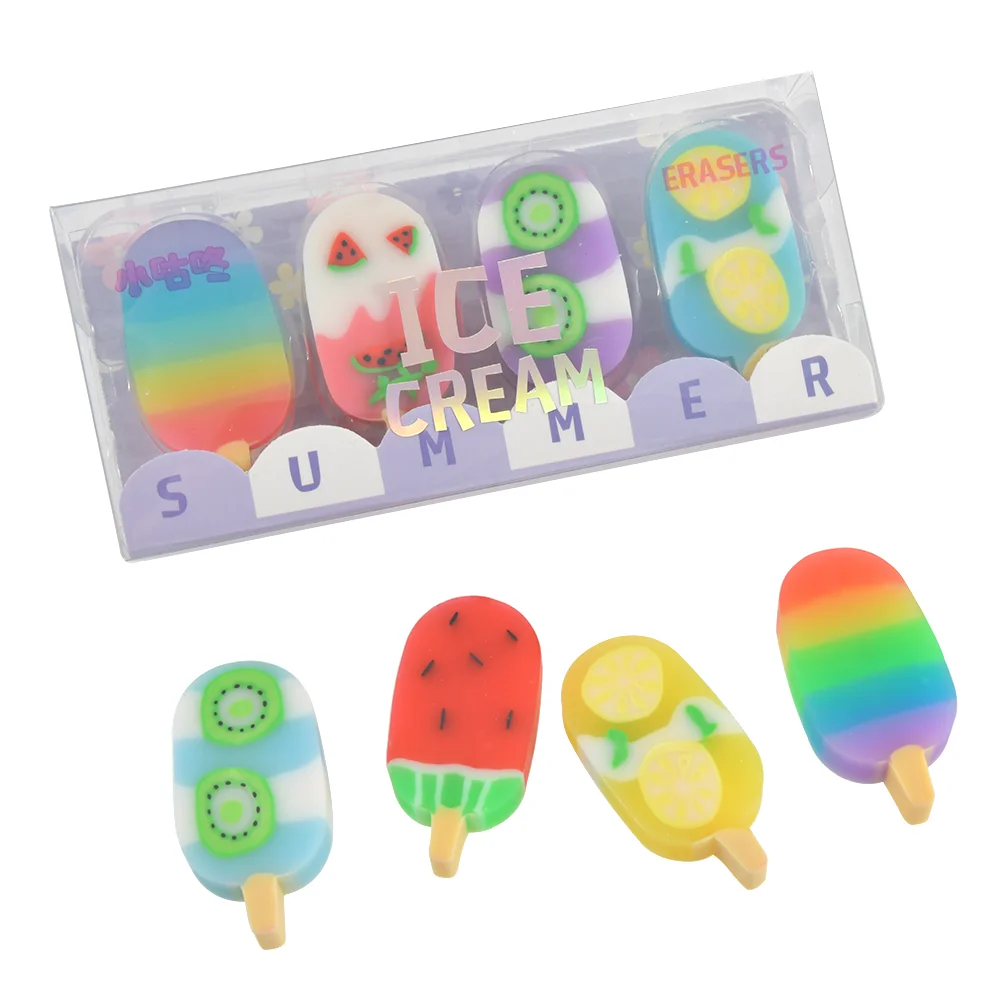 Juego de gomas de borrar de helado Kawaii, suministros escolares, papelería, novedad de verano, 4 unidades