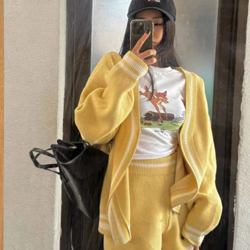 

Sweet College Style Korean Knitted Two Piece Set Loose Color Blocked Zipper V-neck Cardigan High Waist Casual Shorts New 6958#