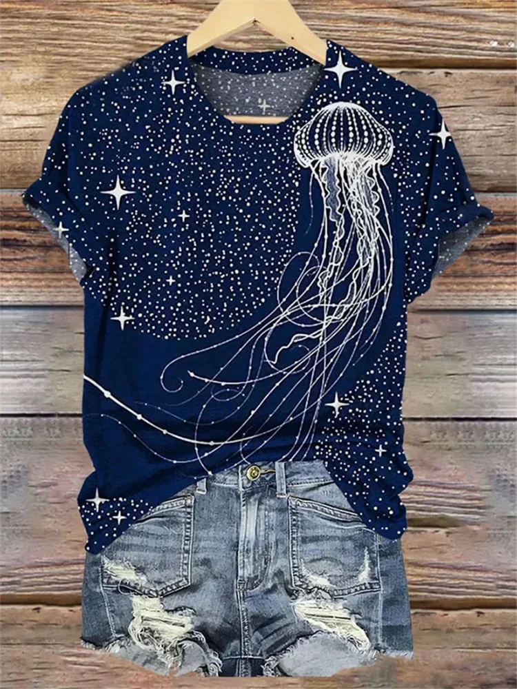 2024 Summer New Women's Short Sleeve Marine Biology Print Trend Casual O neck Short T-shirt Loose T-shirt Women's Wear