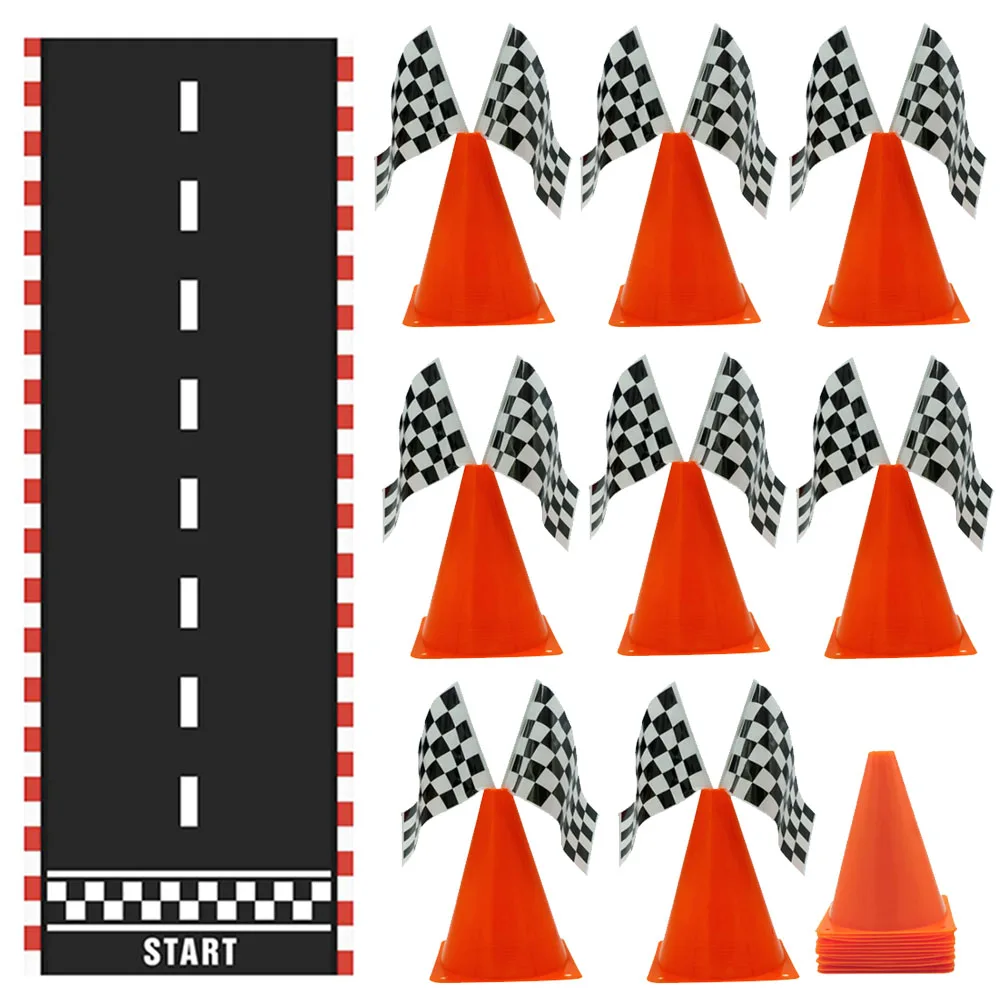 Race Car Birthday Party Supplies Race Traffic Cones Checkered Flag Runway Floor Mat Road Decorations Racing Theme Birthday Decor