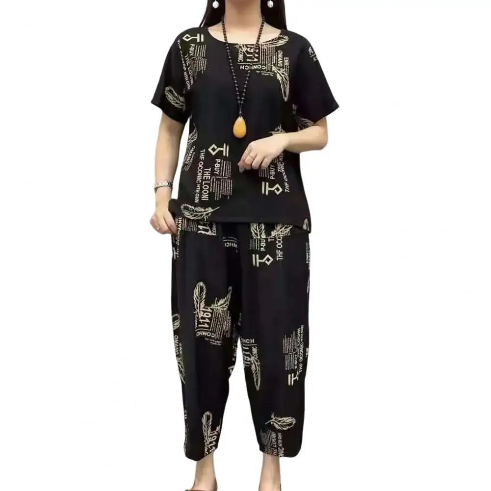 Vintage Two Pieces Set Women Outfit Crew Neck Loose Short Sleeve Top T-shirt Cropped Pants Set Feather Print Summer Women Sets