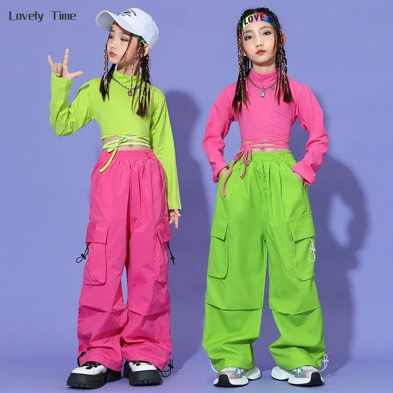 Girls Hip Hop Colorful Crop Top Cargo Pants Child Sweatshirt  Joggers Kid Streetwear Jazz K-pop Street Dance Costume Clothes Set