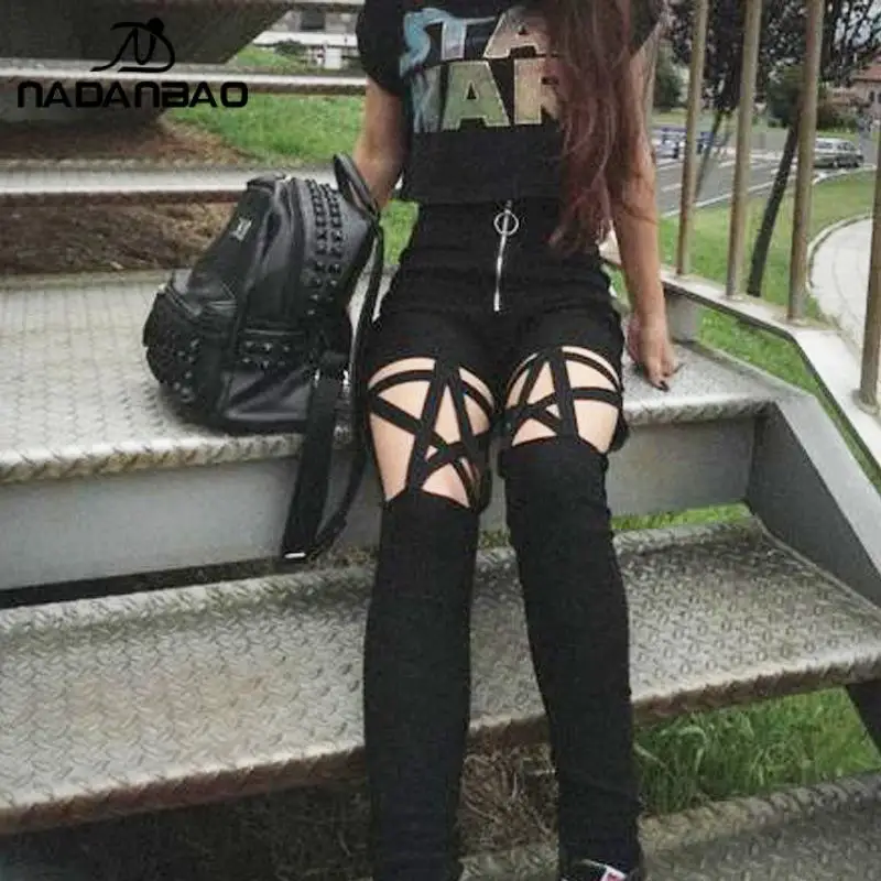 Nadanbao Uitgehold Broek Goth Sexy Pentagram Y 2K Harajuku Grunge Zwart Hoge Taille Elastische Broek Punk Rits Broek