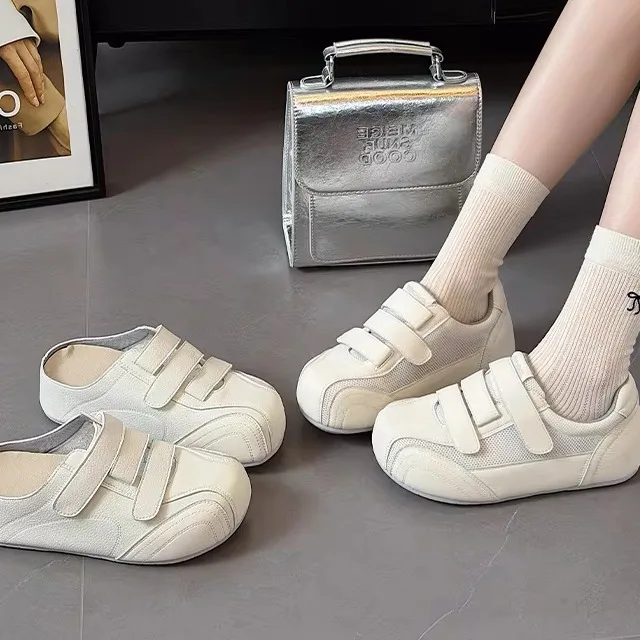 

Women's Casual Breathable Leather Shoes Thick Bottom Half Slippers Magic Tape Low Cut Summer Fashion Sneakers Comfortable