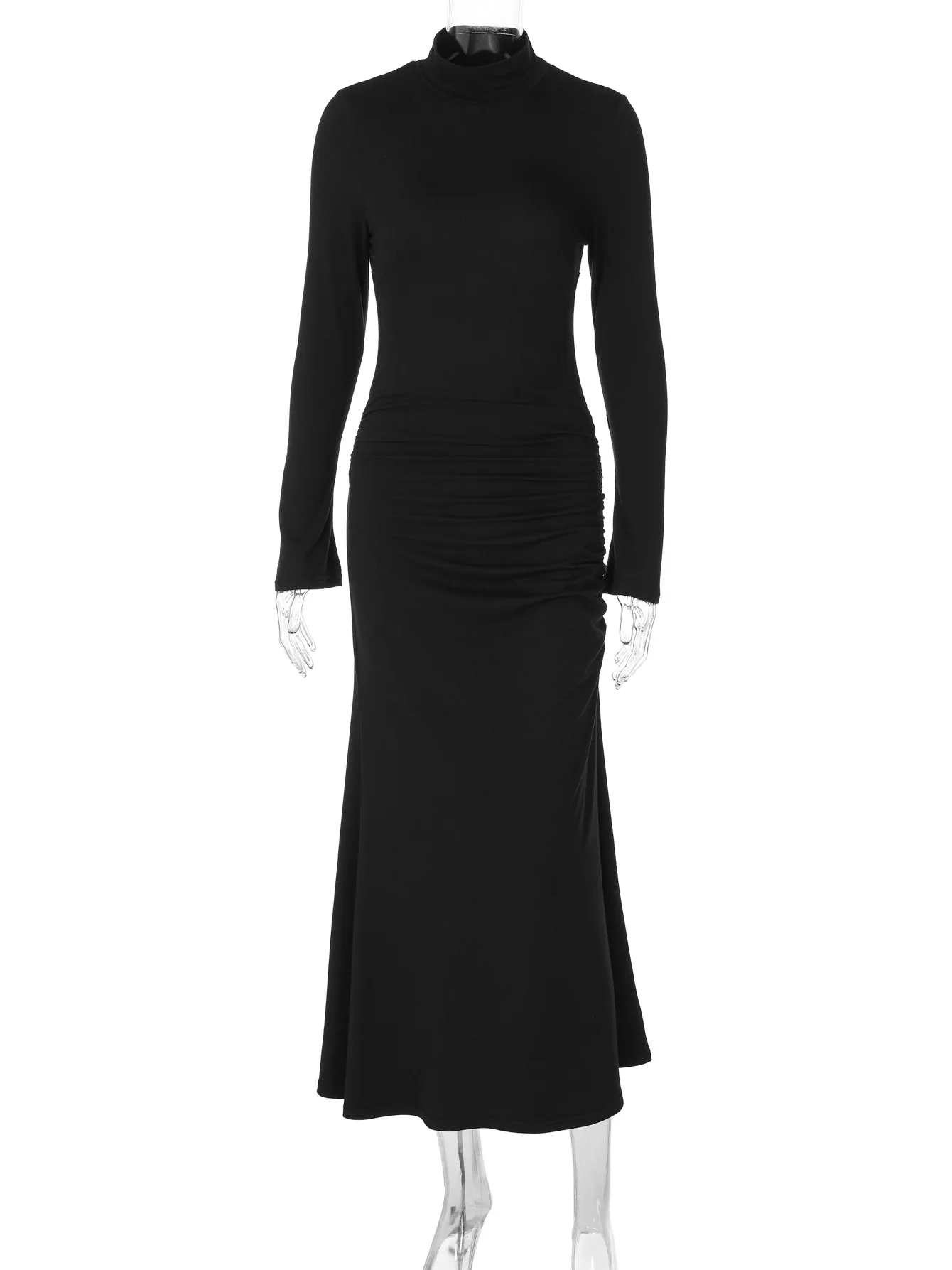 2025 Herfst Half Hoge Kraag Uitgesneden Zwarte Jurk voor Vrouwen Elegante Lange Mouw Hoge Taille Bodycon Mid-kalf feestavondjurken