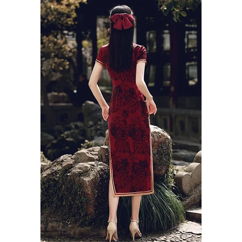 Wine Red Long Short Sleeves Cheongsam 2023 New Improved Young women Summer Silk and Satins Fashion One Piece Chinese Qipao Dress