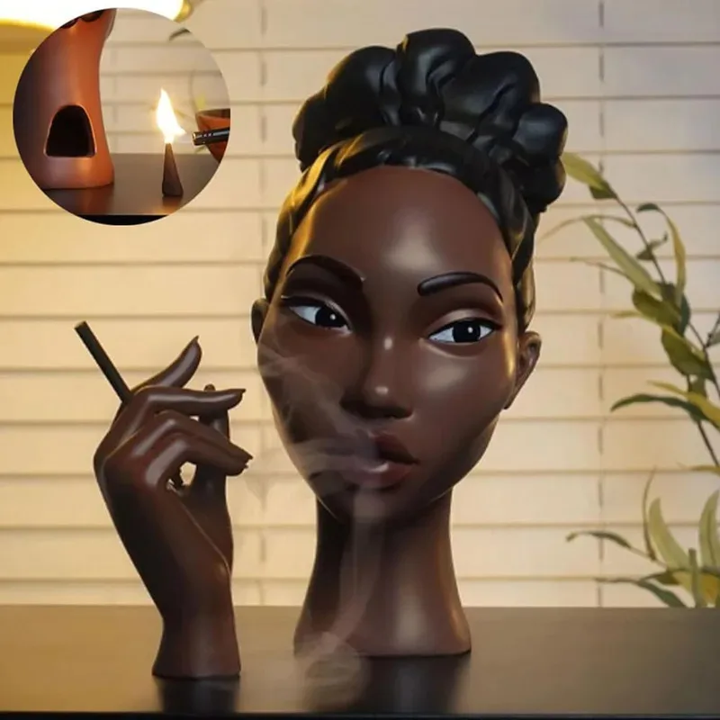 Black Woman Head Incense Burner - Artistic Airflow Incense Stand, Decorative Statue for Aromatherapy