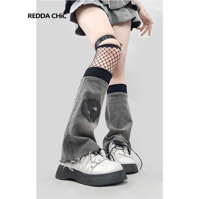 

ReddaChic Acubi Fashion Women Denim Leg Warmers Grunge Y2K Vintage Streetwear Patchwork Denims Flared Boot Cover Baggy Long Sock