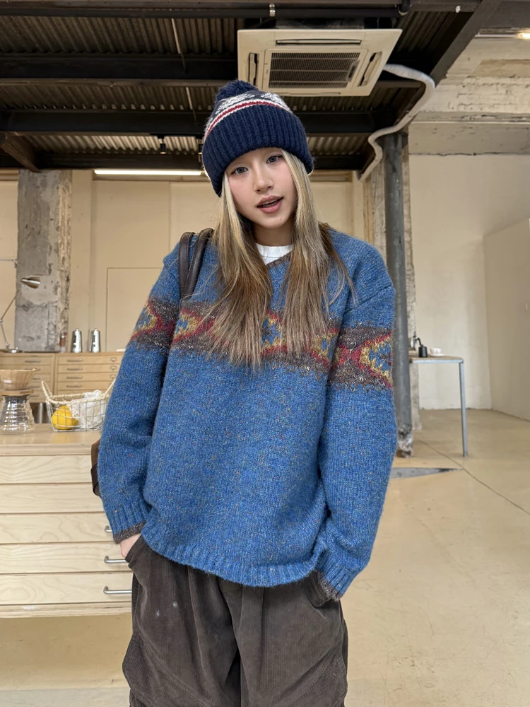 

CCYE Ретро Fair Isle Diamond Pattern V-Ne пуловер трикотаж длинный све свитер свободного покроя зимний свитер для пар Street Sle