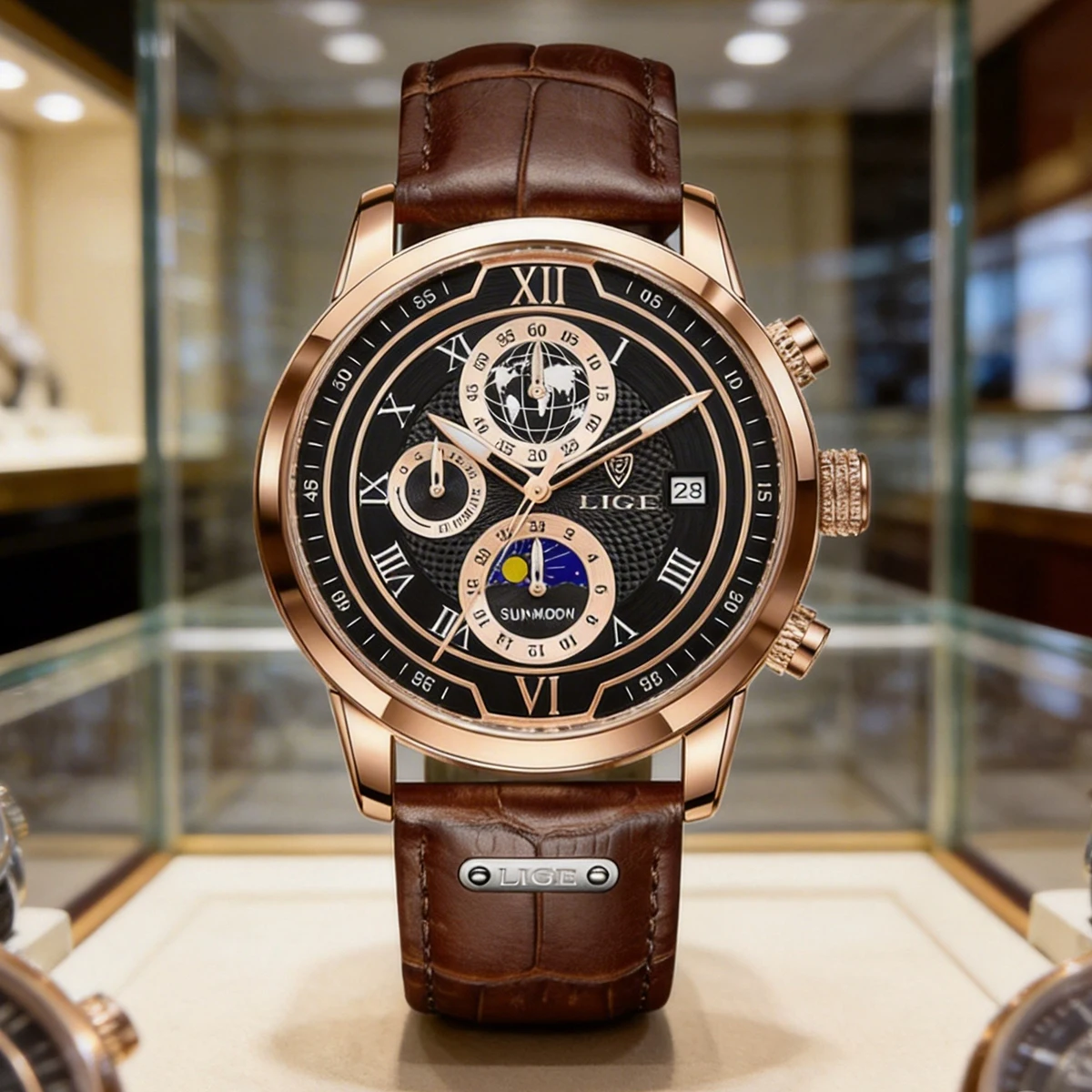 LIGE Luxus Herren Armbanduhr Wasserdicht Leuchtend Chronograph Uhr für Männer Lederarmband Herren Quarzuhren Reloj Hombre+Box