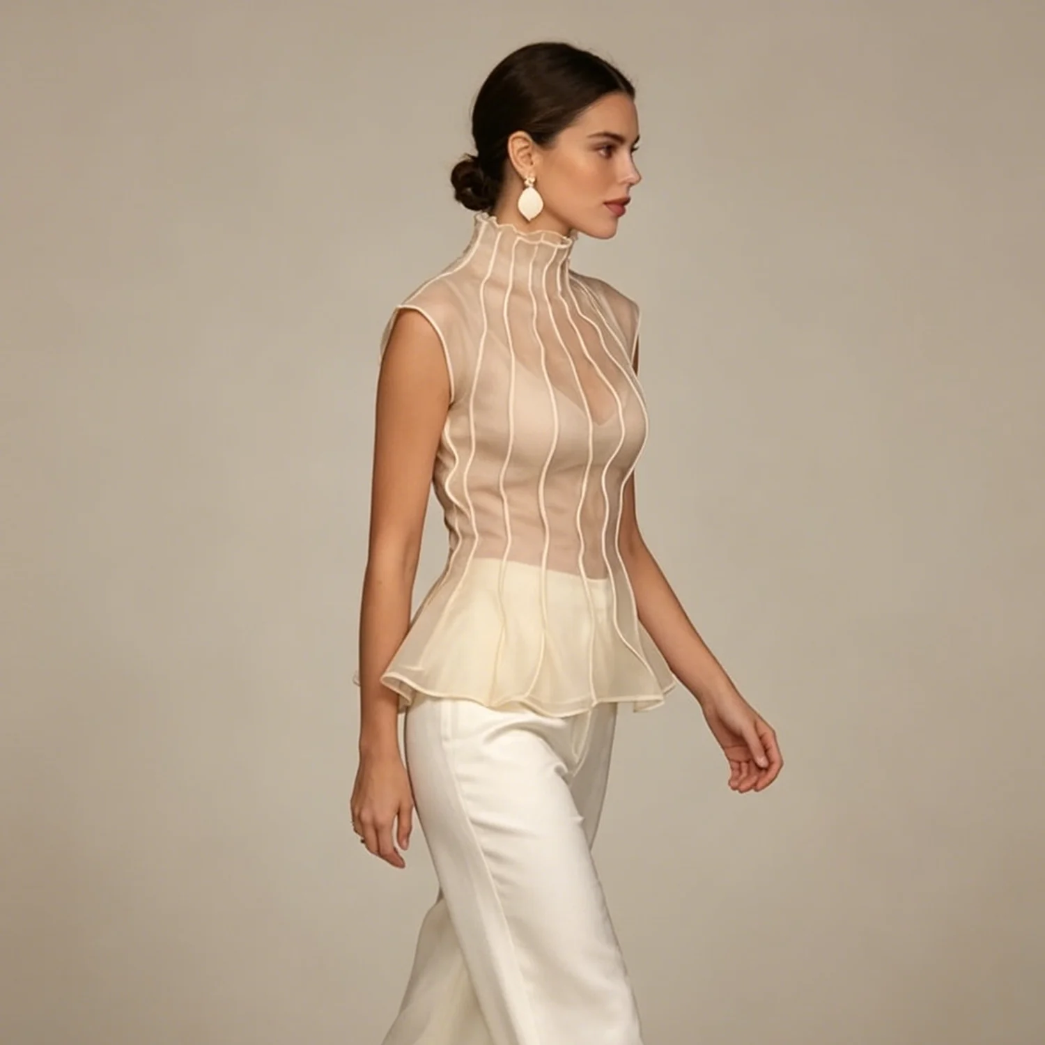 LIMO 2026 New Women Sheer Organza Blouse Sleeveless High Neck Ruffle Peplum Top Elegant Party Shirt