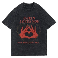 Satan Loves You For Who You Are Washed Kids T Shirt Men Graphic Cotton Tshirt Women Unisex Harajuku T-shirt Clothing