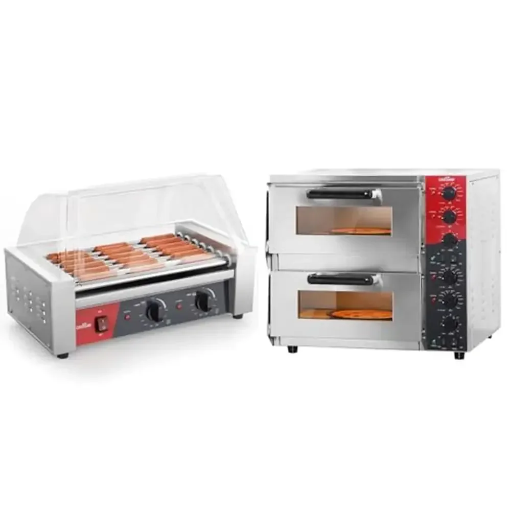 Electric Hot Dog Roller Grill with Dual Temperature Controls 7 Roller & Double Deck Commercial Electric Pizza Oven Hot Dogs