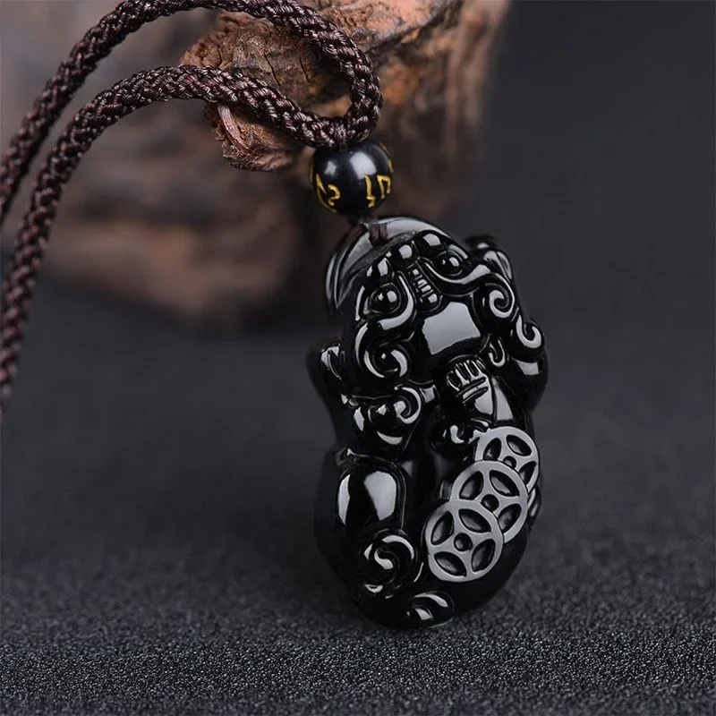 

Natural Obsidian Money Pixiu Pendant Fashion Chinese Jadeite Amulet Necklace Gift Charm Women Carved Jewelry Gemstone