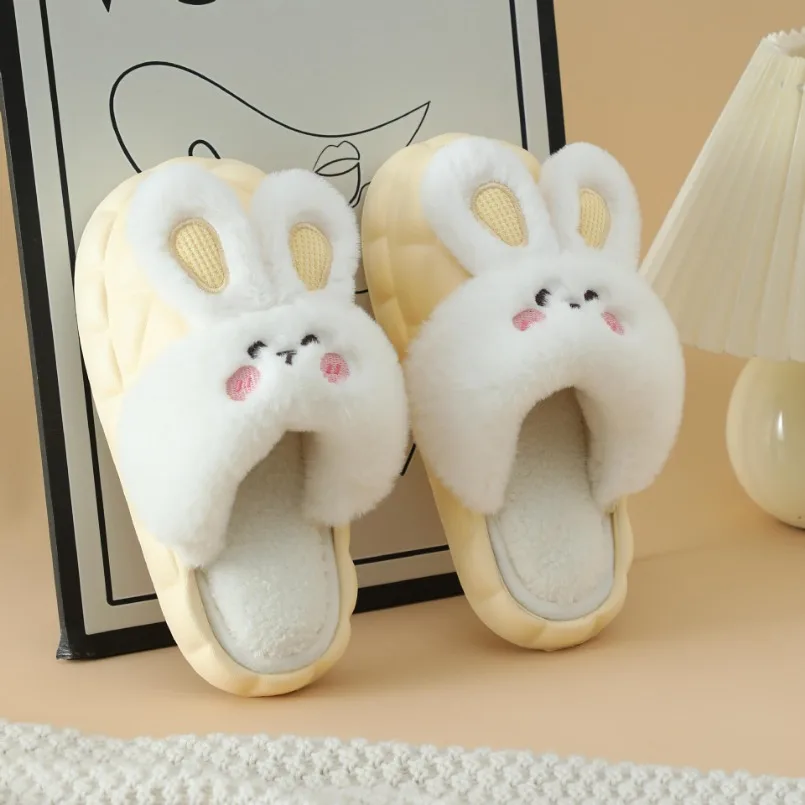 Home Fuzzy Slipper Women Cartoon Rabbit Winter Warm Fur Contton Plush Non Slip Grip Indoor Lazy Female Floor Shoe Flat Furry