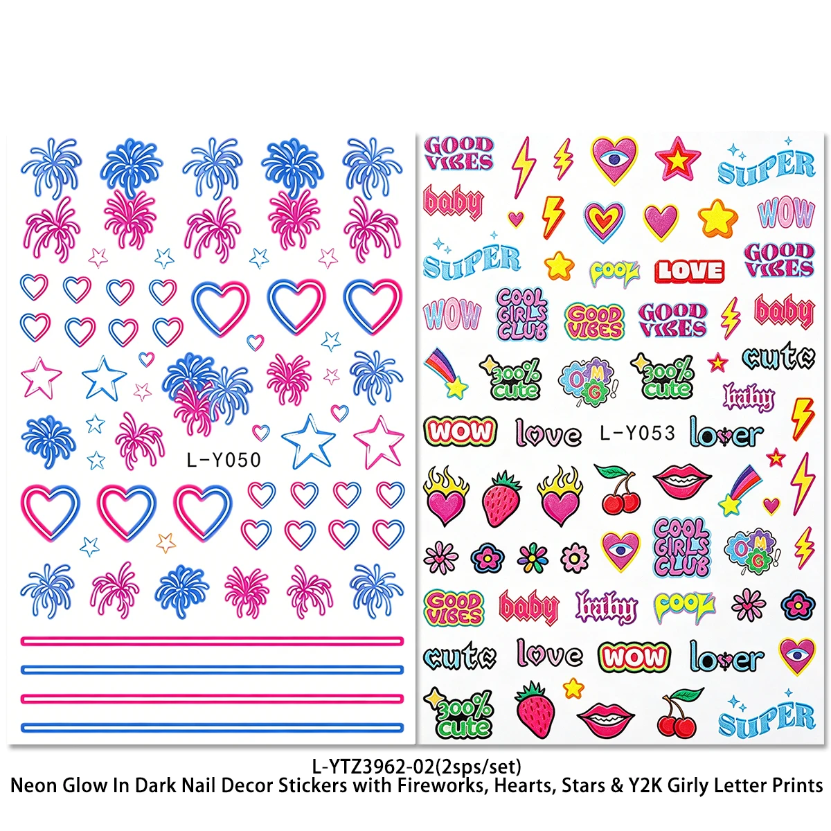Neon fluorescent decorative stickers, heart-shaped fireworks and star patterns, Y2K retro style, DIY nail decoration