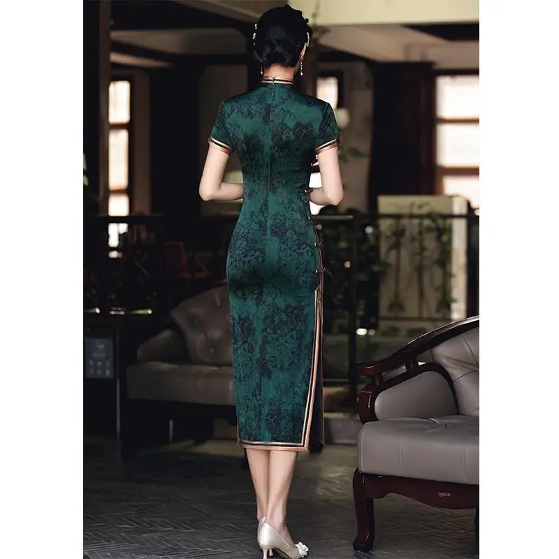Chinese Vintage Cheongsam Republican Dark Green Improved Retro Elegant Slim Long Dress Qipao Traditional Clothing for Women