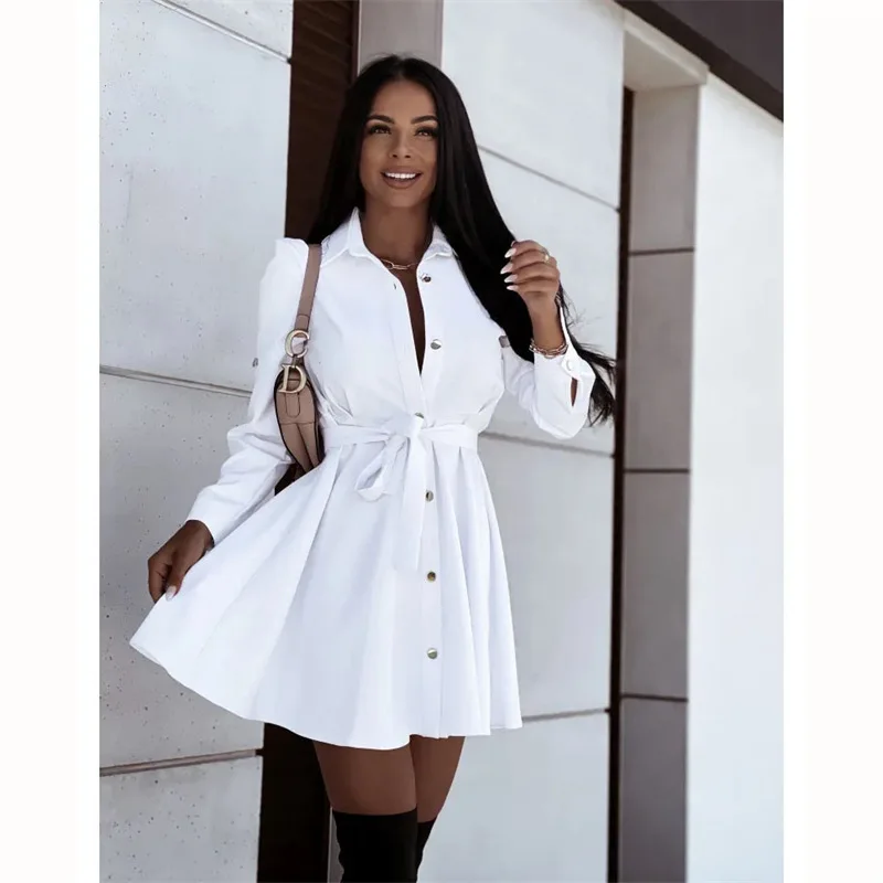 Elegant Mini Shirt Dress Woman Spring Autumn Long Sleeve Office Ladies Belt Casual Button Lace Up A-line Streetwear Robe Femme
