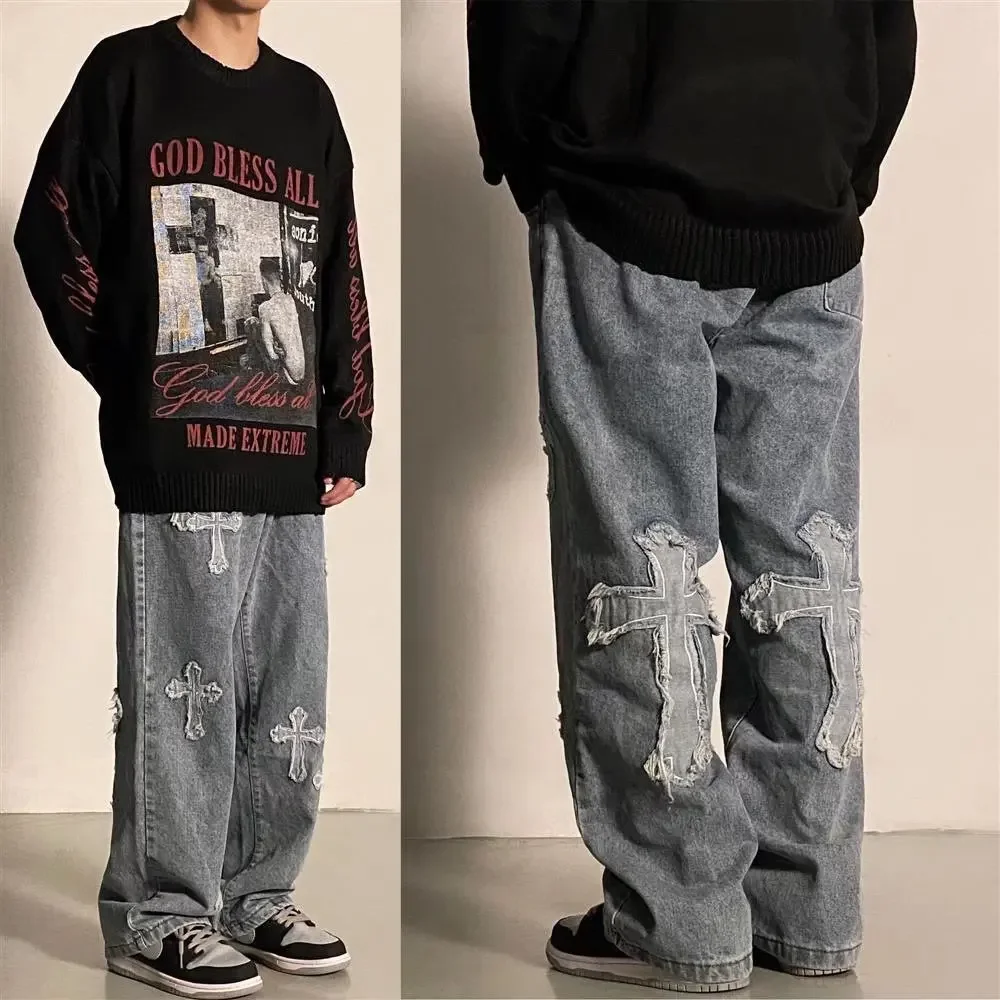 Vintage American Style Cross Embroidery Jeans Men's Casual Streetwear Straight-leg Long Pants Hip Hop Slang Style Trousers