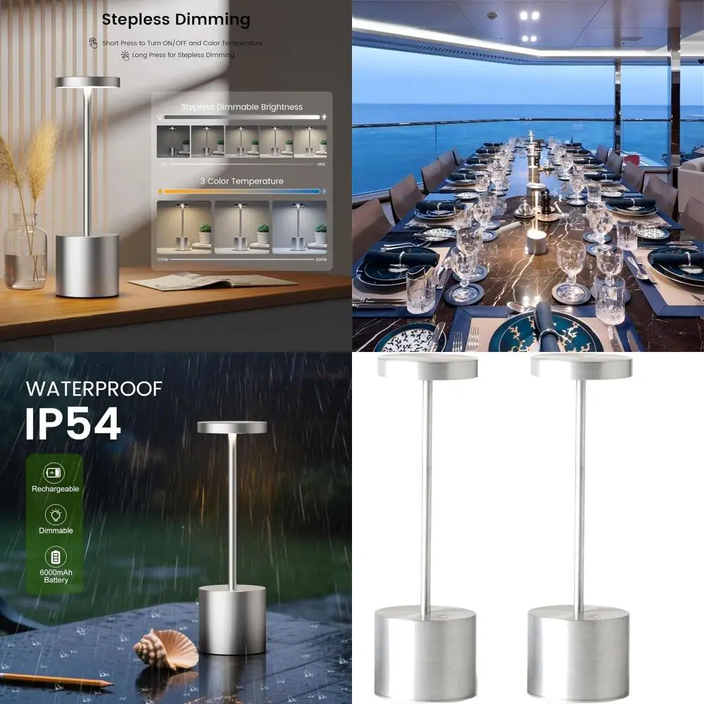 LED Cordless Table Light, Rechargeable Outdoor Desk Lamp, 5000mAh Battery, Dimming Feature for Patio and Restaurant Use (Silver)