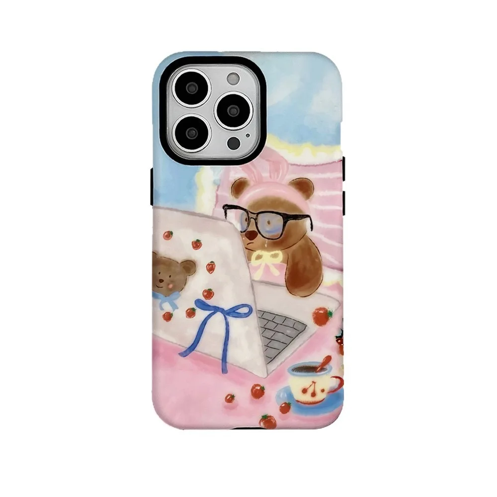 

Cute Strawberry Flavored Teddy Bear Case for IPHONE 16ProMax 15 14 13 12 11PRO Plus Acrylic TPU Two in One Magnetic Phone Cases