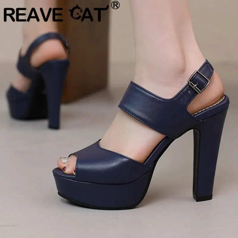 REAVE CAT Fashion Female Sandals Peep Toe Ultrahigh Heel 11.5cm Platform 2.5cm Buckle Strap Big Size 49 50 Sexy Party Shoes