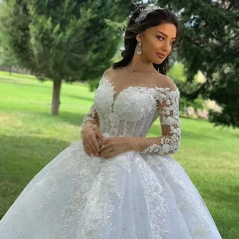 

Customized 3D Flowers Dress Women's Elegant Long Sleeve Lace Applique Wedding Princess Party O-Neck Bridal Gowns