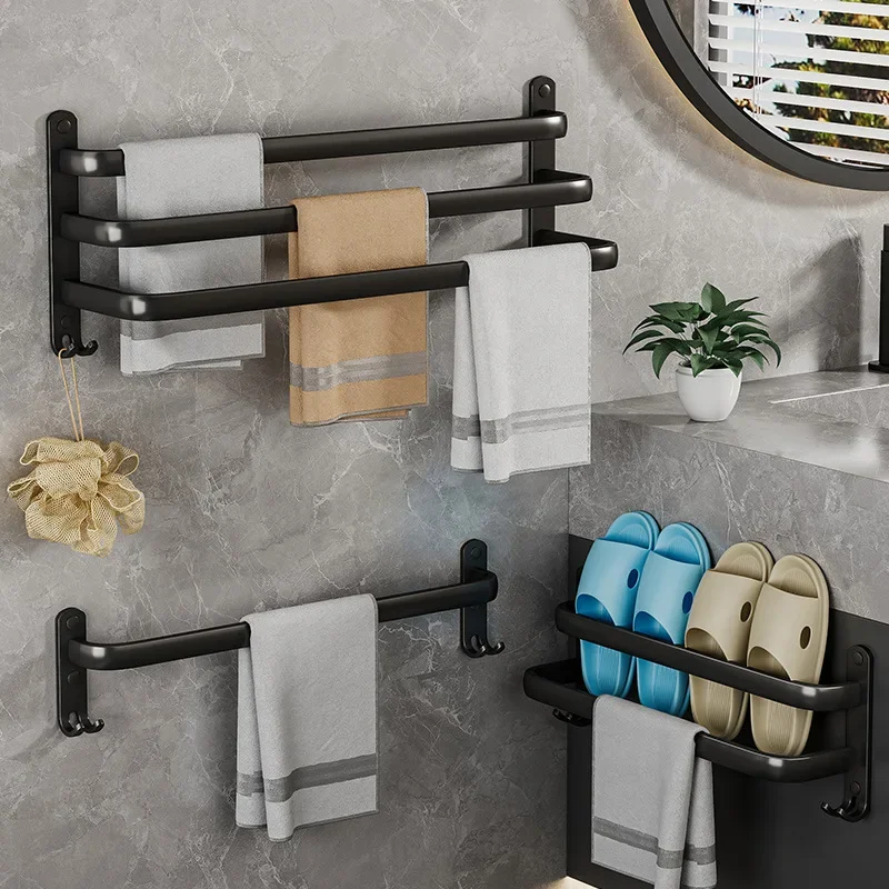 

Черная алюминиевая полка для ванной комнаты, настенная вешалка для полотенец, многоярусная полка для полотенец, без сверления.