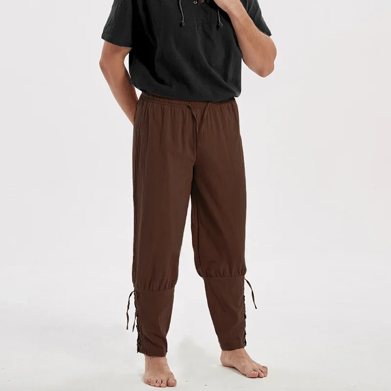 

Брюки мужские из хлопка и льна, льняные винтажные черные леггинсы В рыцарском стиле, пиратские штаны в средневековом стиле, штаны с шнуровкой для навигатора