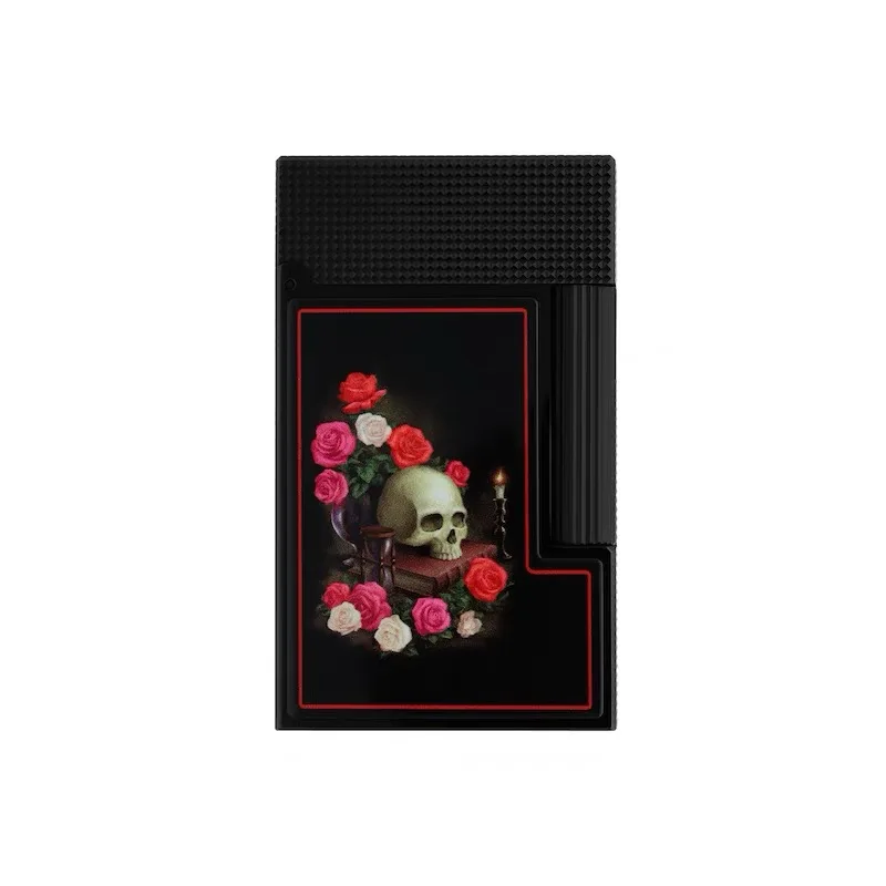 S.T. Dupont Limited Edition Luxury Black Lacquer with Skull and Roses Design Soft Flame Lighter Collection