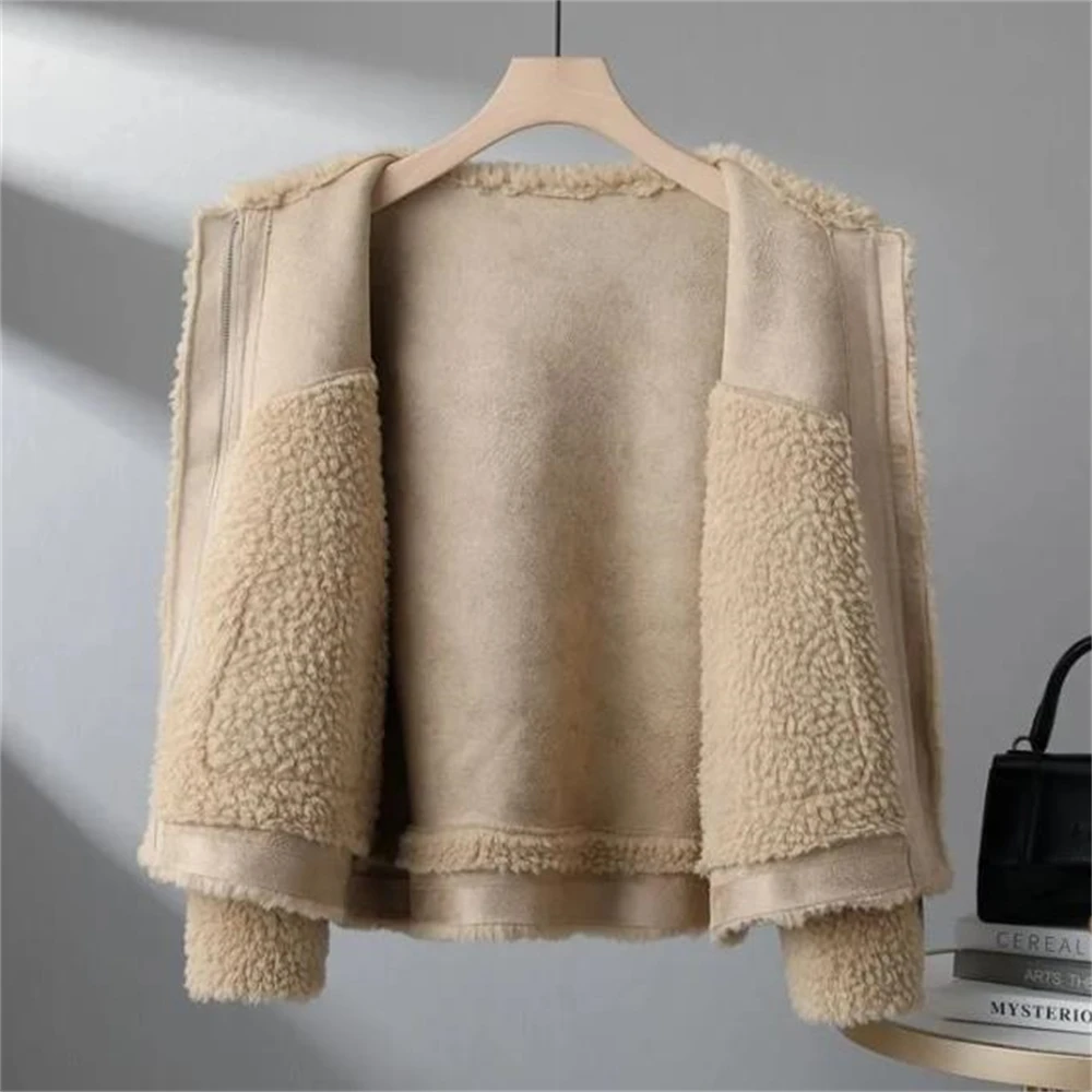 2024 Womens Chic Splice Lamb Wool Coat Tops Women Korean Bomber Wool Outwear Woman Suede Jackets Autumn Winter Lambswool Jacket