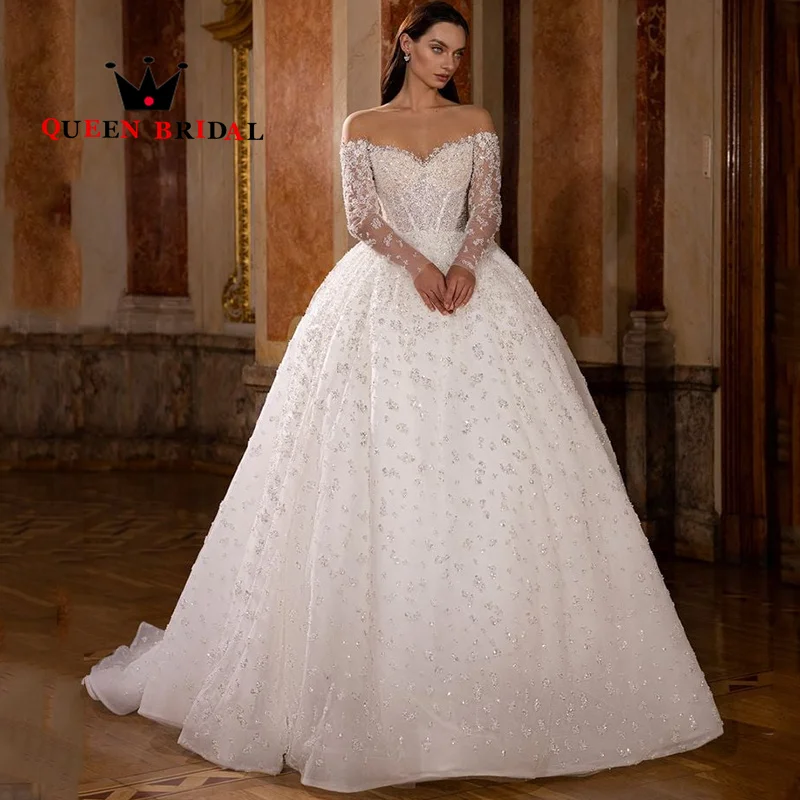 

Exquisite Sequined Beading Wedding Dresses Long Sleeve Off Shoulder 2024 V Neck Bridal Ball Gowns robe de mariée Custom Y87X