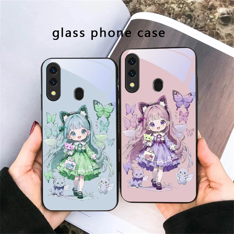 Q-version Blue Butterfly For Samsung Galaxy A30 A31 A32 A33 A34 A35 A42 A30s A20 A25 A26 A51 A56 A54 A72 A73 70 Glass Phone Case