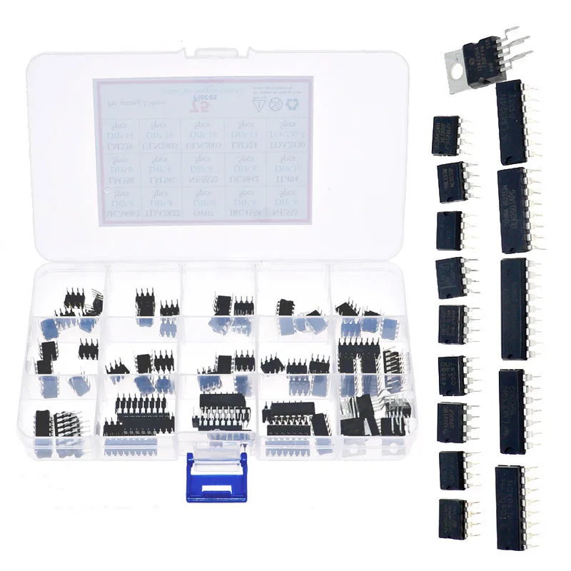 

75pcs 15value DIP IC kit Box LM358 LM386 ULN2003 LM324 NE555 MC34063 TDA2822 JRC4558 OP07 TDA2030 ULN2803 LM339 NE5532