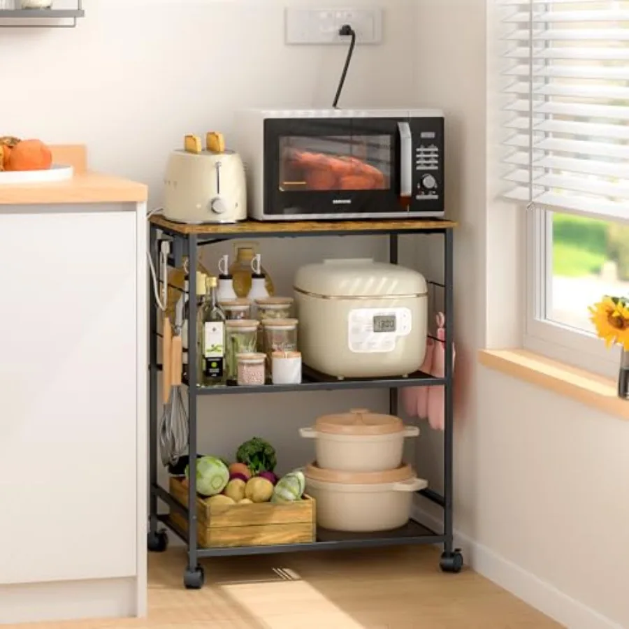 

Rolling Kitchen Microwave Cart with Power Outlet 3 Tier Microwave Table Stand with Storage Kitchen Utility Cart on Wheels Small