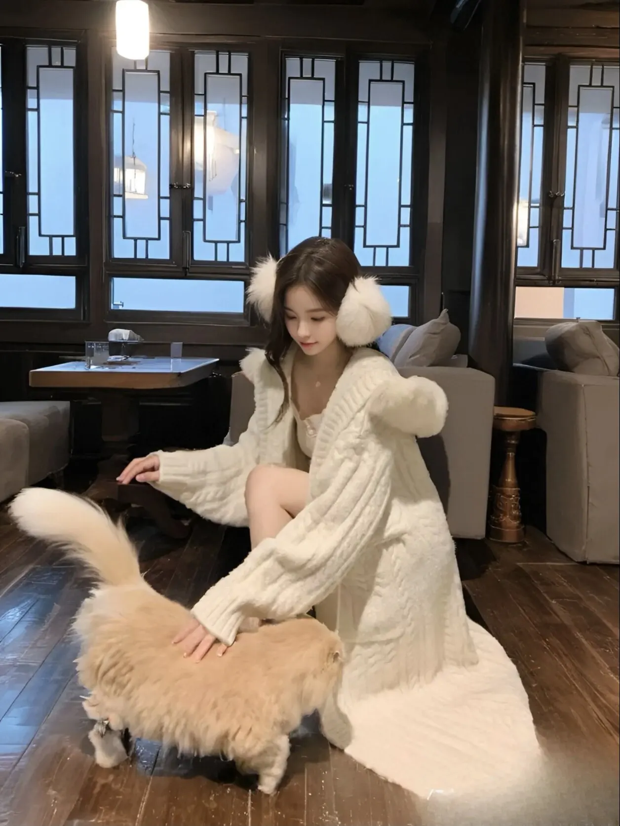 Women Fur Hooded Sweater Jacket Fall Winter Crochet Cardigan Thickened Long Autumn Jacket Female Loose Leisure Casual Knitwear
