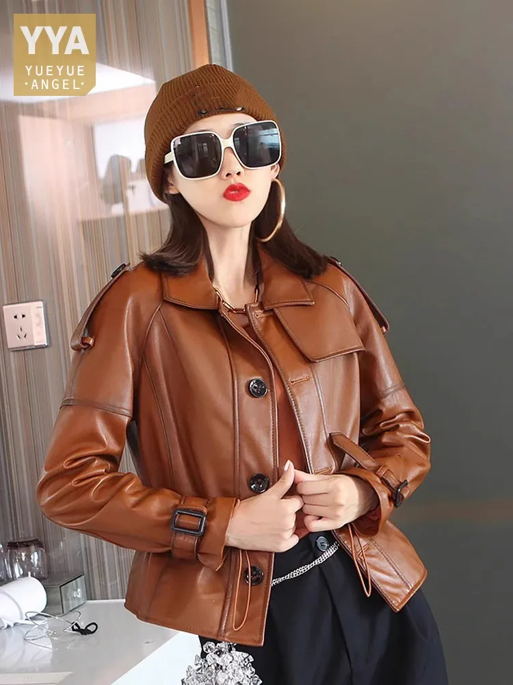 

Office Ladies Sheepskin Genuine Leather Jacket Women Slim Fit Autumn Single Breasted Leather Coat Lapel Colllar Biker Outerwear