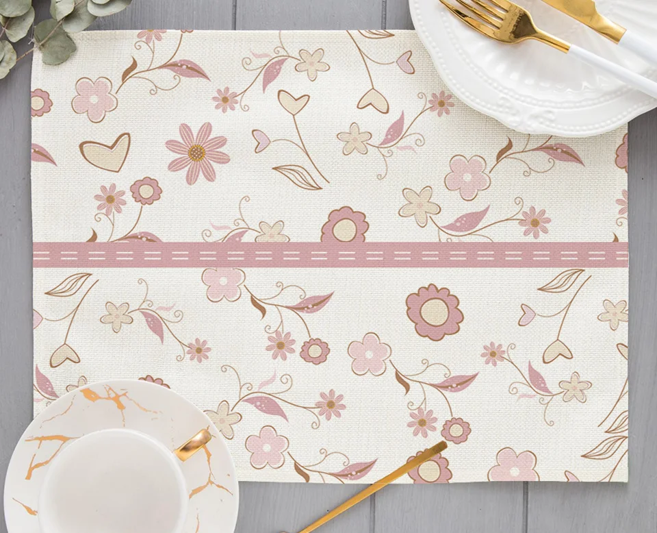 Pink Flower Print Linen Placemat Wedding Engagement Birthday Party Decoration Dining Mats Cup Drink Coaster Geometric