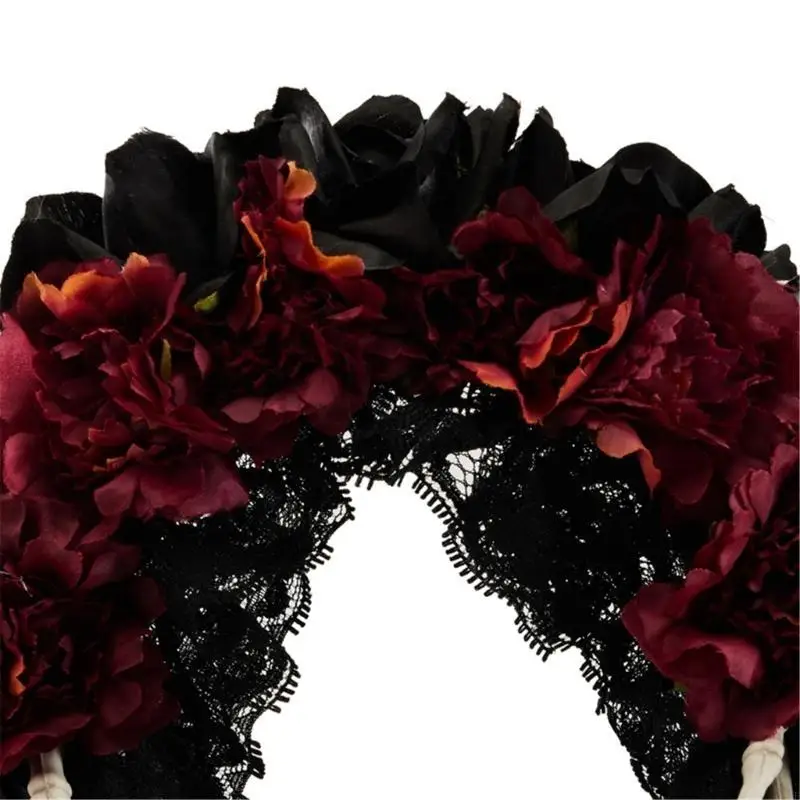 

C71F Unique Horn Headbands for Halloween Headpiece with Flower Skeleton Hand Detail for Halloween Cosplay