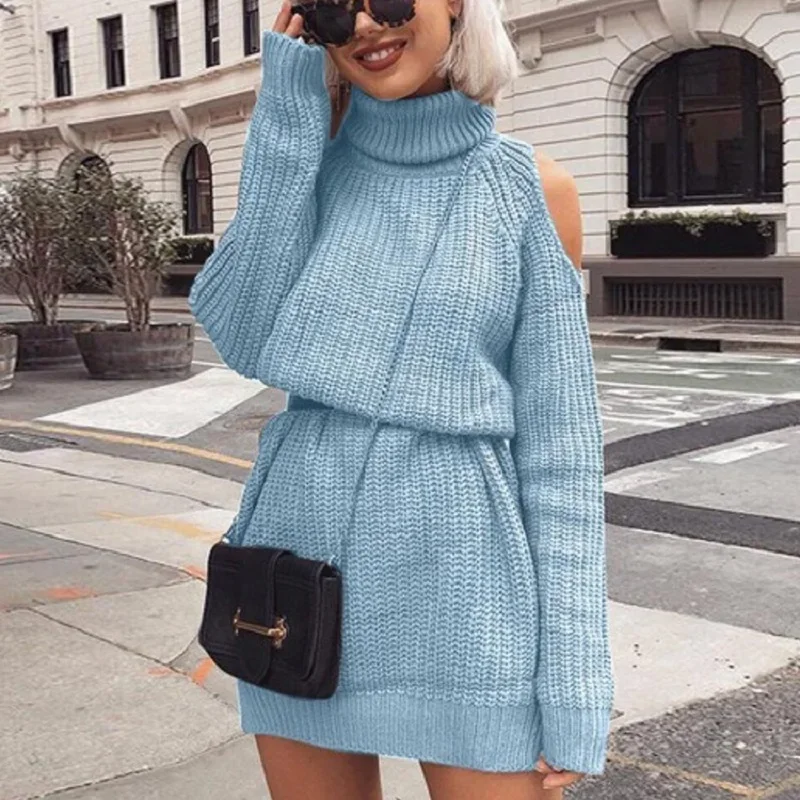 

New Autumn Winter Turtleneck Off Shoulder Knitted Dress Women 2021 Solid Oversize Sweater Dress Long Pullovers Knitting Jumper