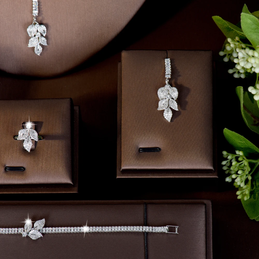 HIBRIDE New Artistic Charm stereo Leaf Necklace Earring Bracelet Ring Jewelry Set Women's Wedding Holiday Bridal Gift S-1123