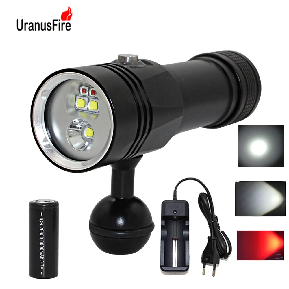 Photography Video Light Diving Flashlight 3x XM-L2 White/Yellow+ 2x XPE Red Waterproof torch Underwater Lamp +26650 +Charger