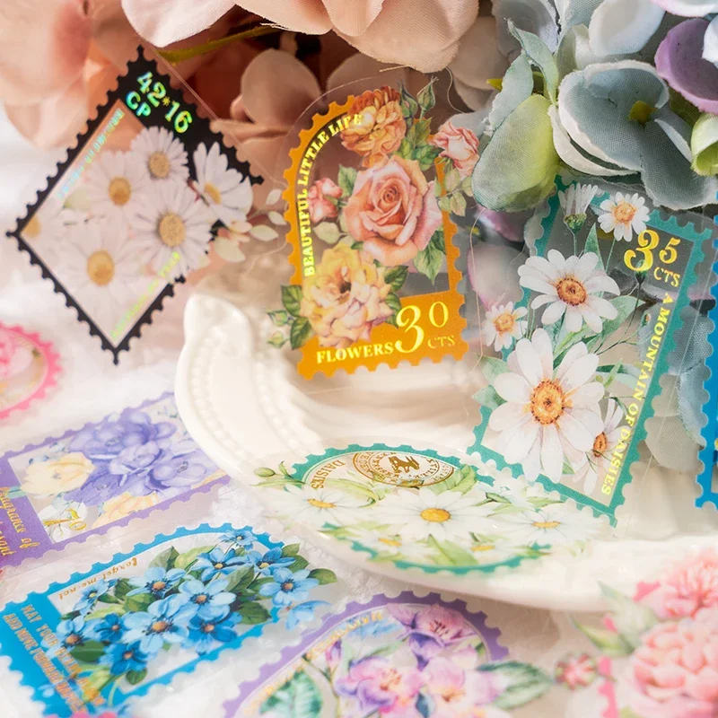 30 Stück künstlerische Handtaschenaufkleber, transparente PET-Aufkleber, Blumen, Stempel, bunte Dekorationsmaterialien, Aufkleber, 6 Arten